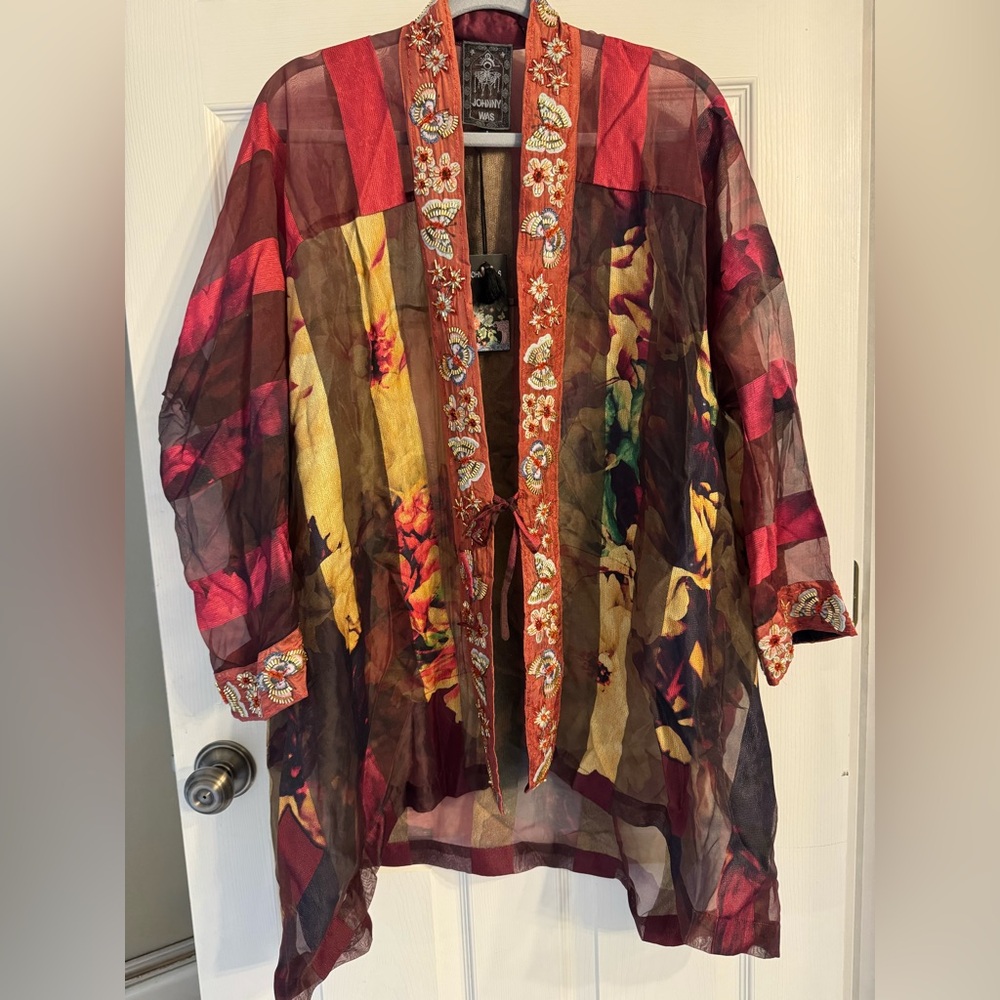 NWT Johnny Was Sheer Floral Embroidered Kimono Jacket in Burgundy, Yellow, Green